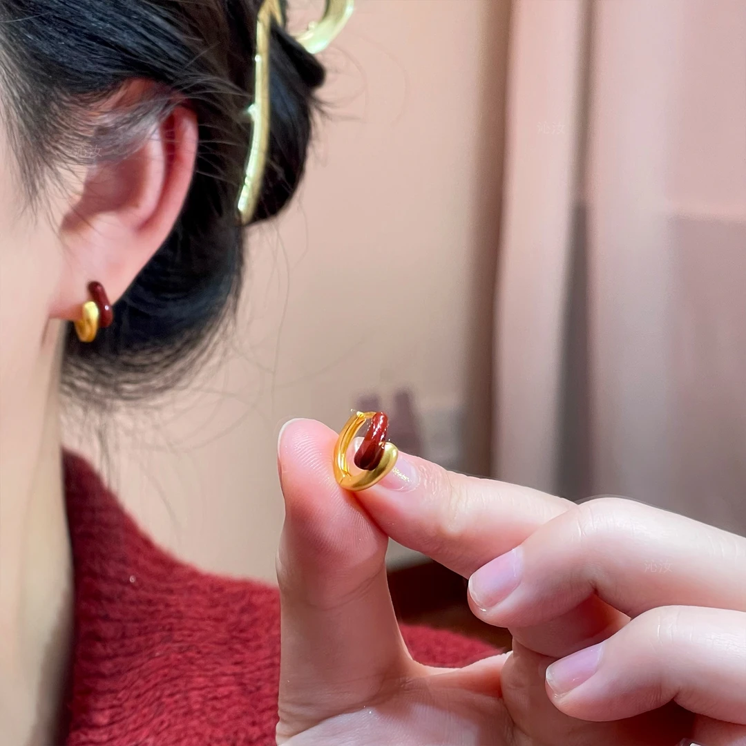 【沁汝饰品】FQ835金色红色拼接耳扣轻奢法式时尚