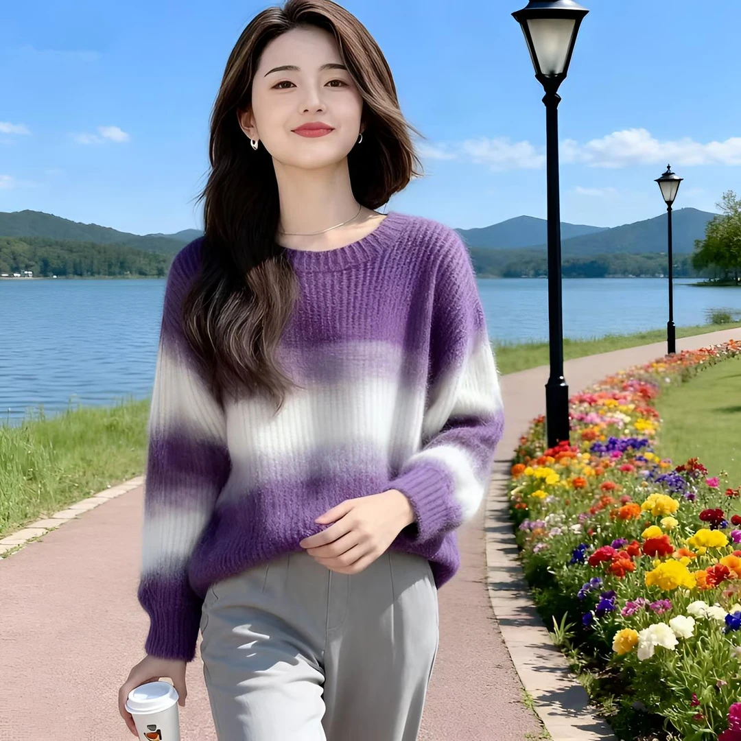 毛衣百搭长袖圆领套头春秋慵懒风紫色条纹针织毛衣女