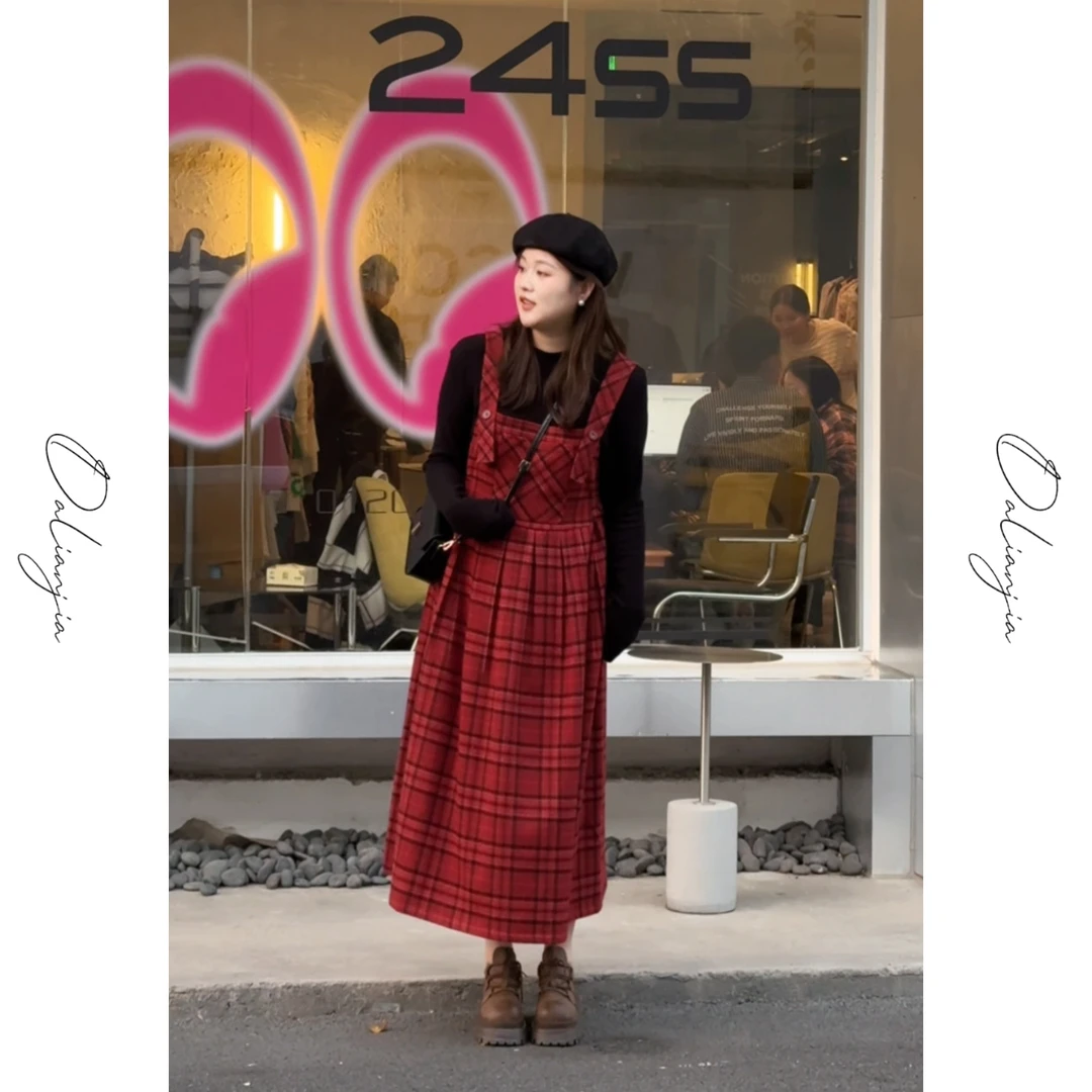 【维希情书】时髦洋气格纹背带连衣裙气质高腰时尚休闲