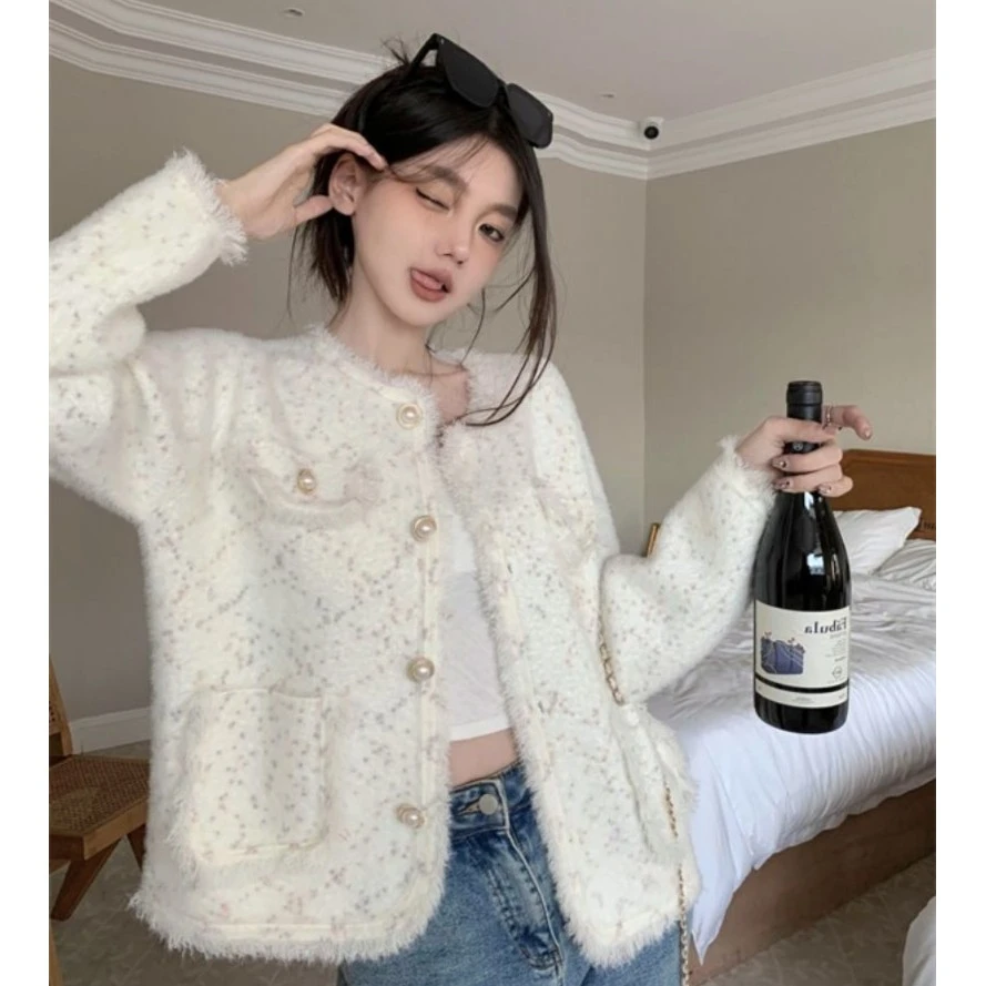 2164小香风时尚百搭双面绒外套韩版宽松外套开衫毛衣气质