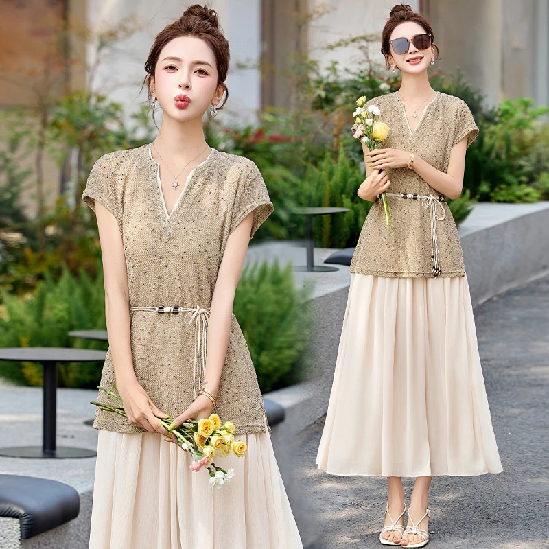 2025春夏新款收腰针织拼接显瘦时尚假两件双层领口复古连衣裙