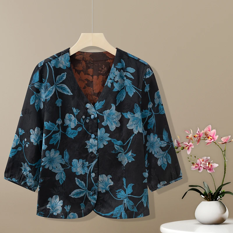 红云纱100%桑蚕丝花萝开衫外套V领七分袖时尚女装夏季新中式上衣