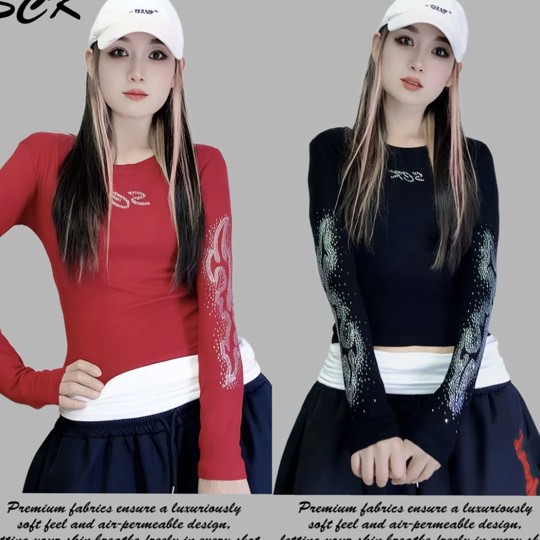 新丽-秋季时尚流光风印花正肩圆领长袖百搭修身T恤6010