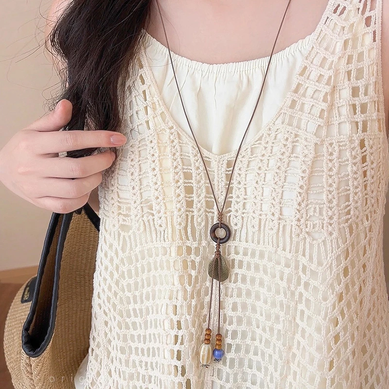 钛钢铅玻璃项链 槐叶扶疏~民族风树叶圆环流苏项链女波西米亚长款