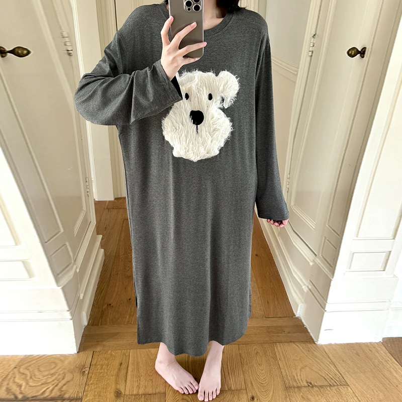 睡裙女春秋季小狗长袖睡衣宽松可外穿可爱学生舒适家居服连衣裙子