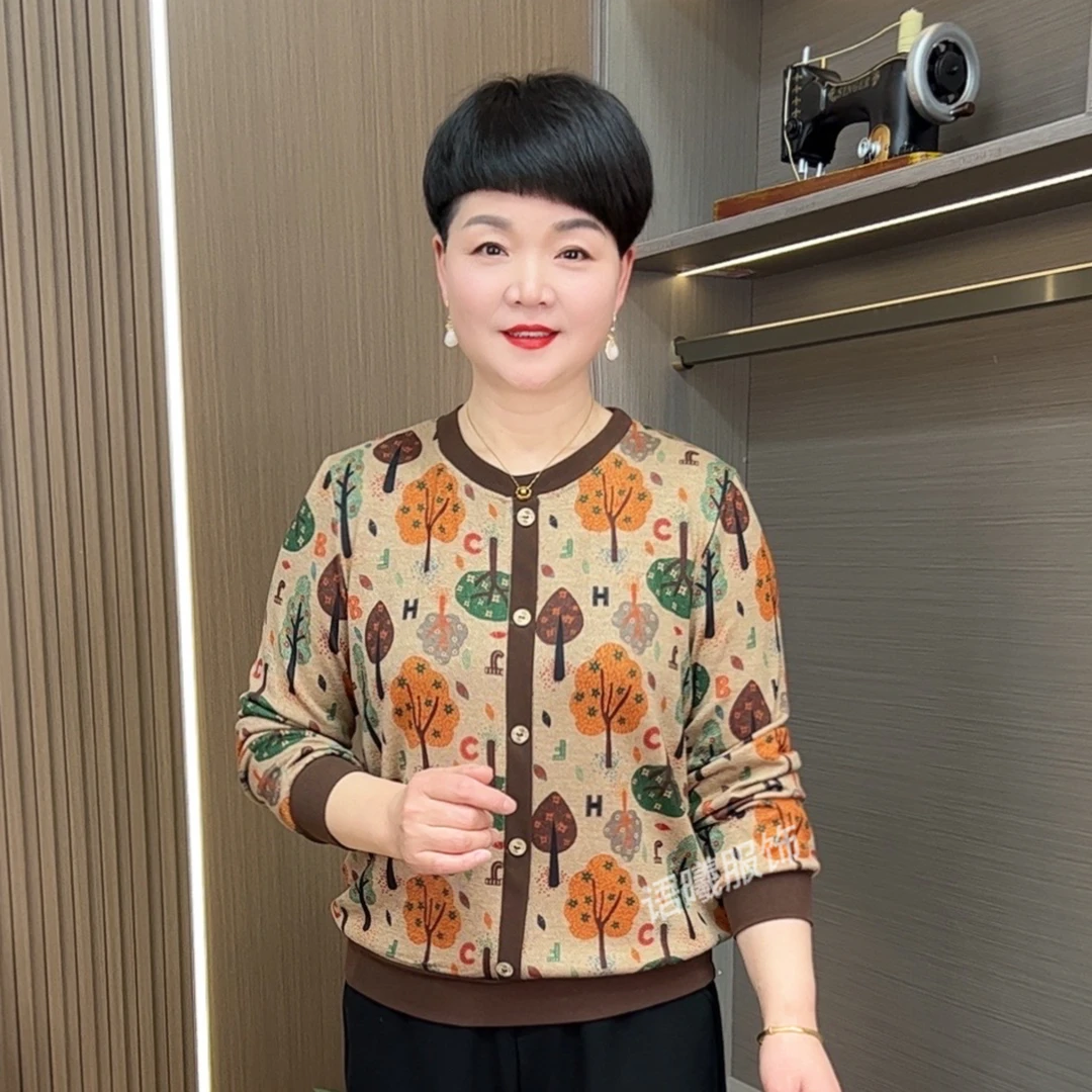 2025新款时尚洋气休闲百搭圆领中年长袖上衣F107妈妈装春秋