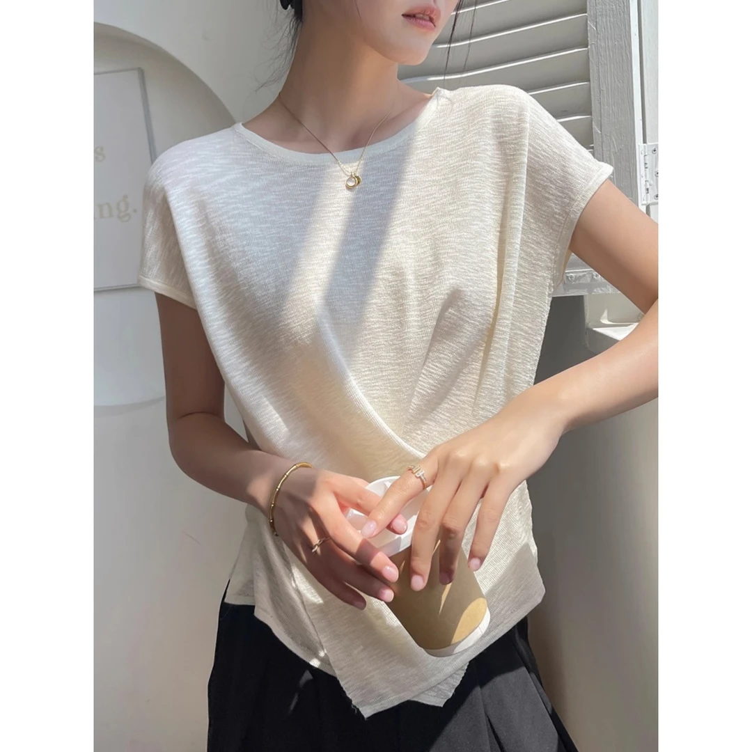 杏色不规则针织短袖女t恤夏天2025新款开叉内搭打底显瘦上衣外穿