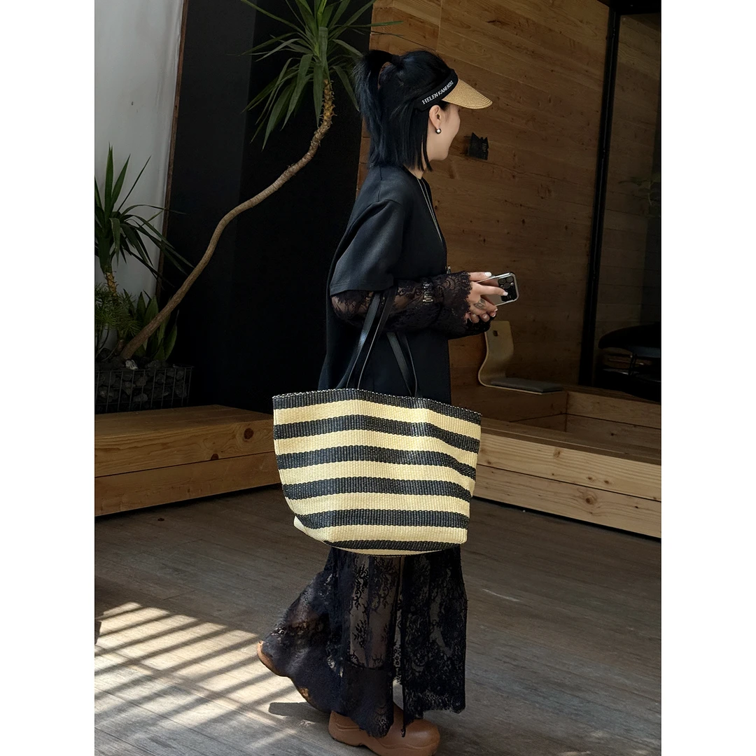 JISHE即奢25C贵版本头层牛皮PP拉菲草编织沙滩托特包AL6056-1