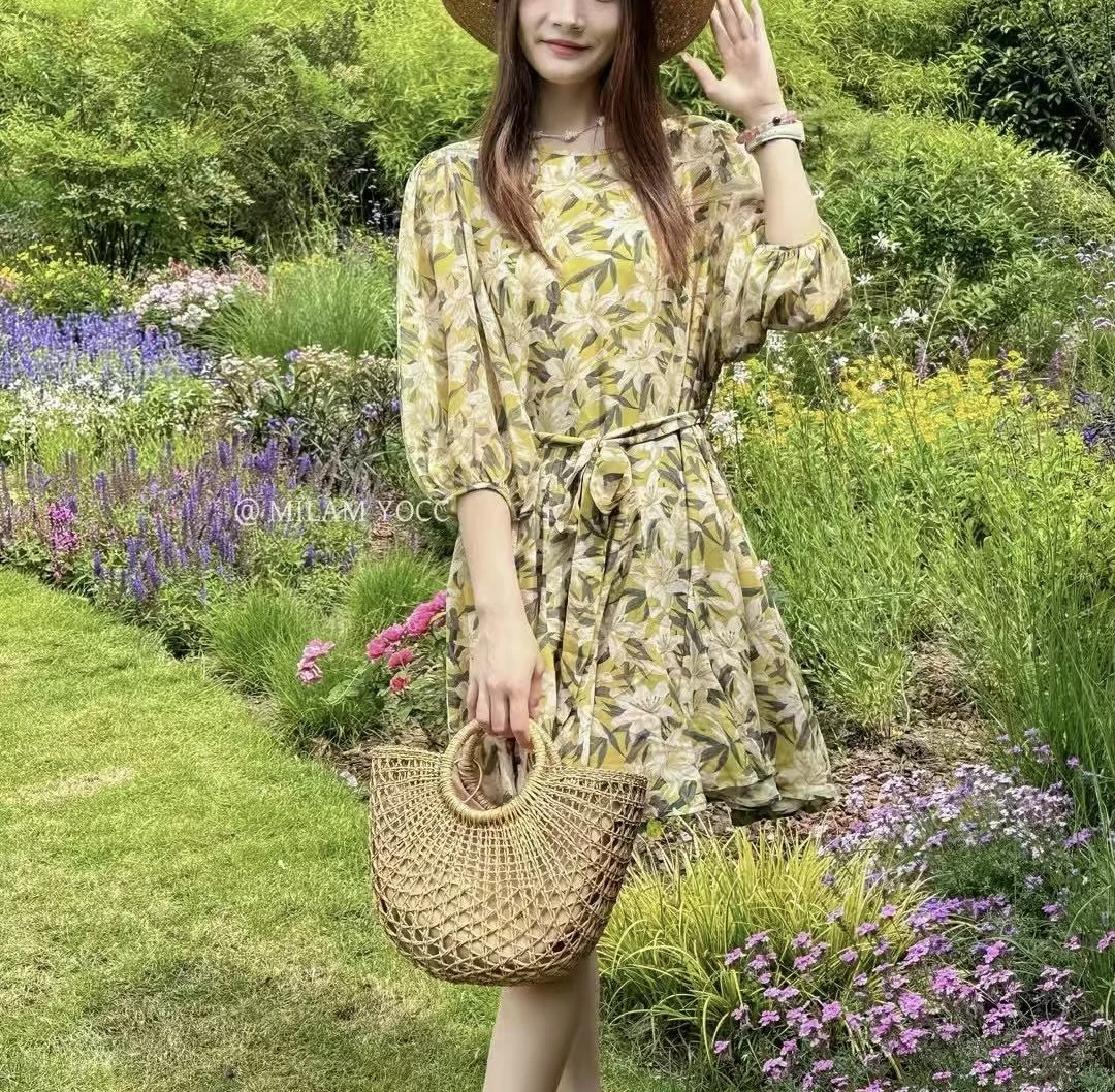 （L5273）连衣裙宽松韩版碎花女装气质宽松腰七分袖夏季印花