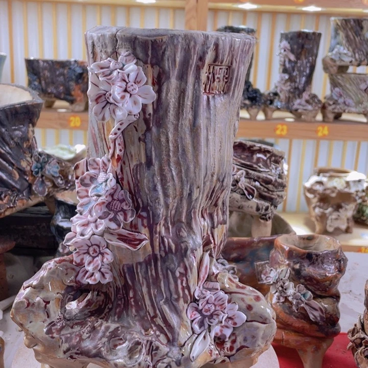 紫砂花盆景德镇陶瓷口10高26