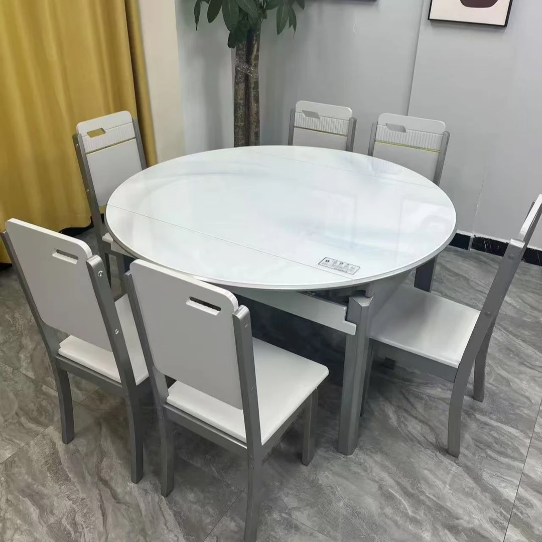 【带转盘款】岩板餐桌幻彩石钢化玻璃家用吃饭折叠伸缩饭桌可变圆桌