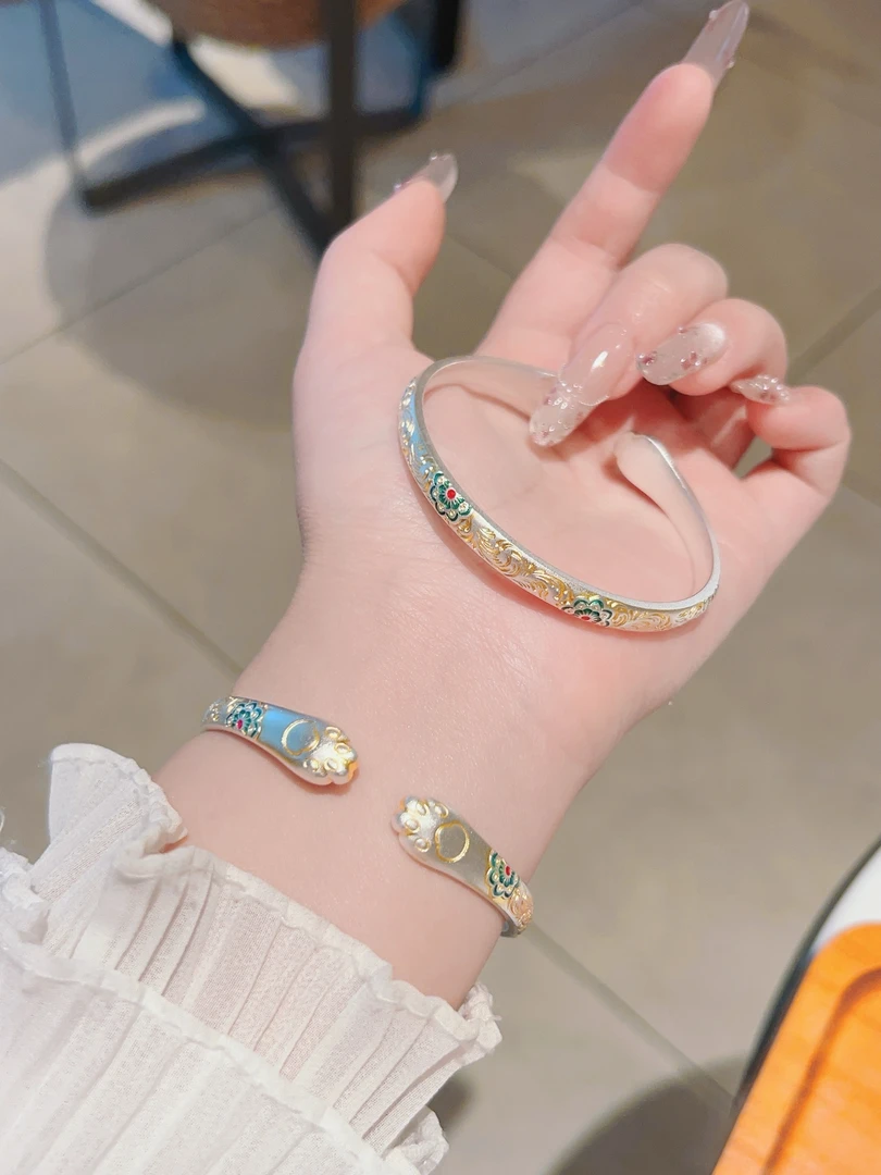 足银珐琅手镯 女原创设计圈口可调节描金素款正品彩色百搭时尚