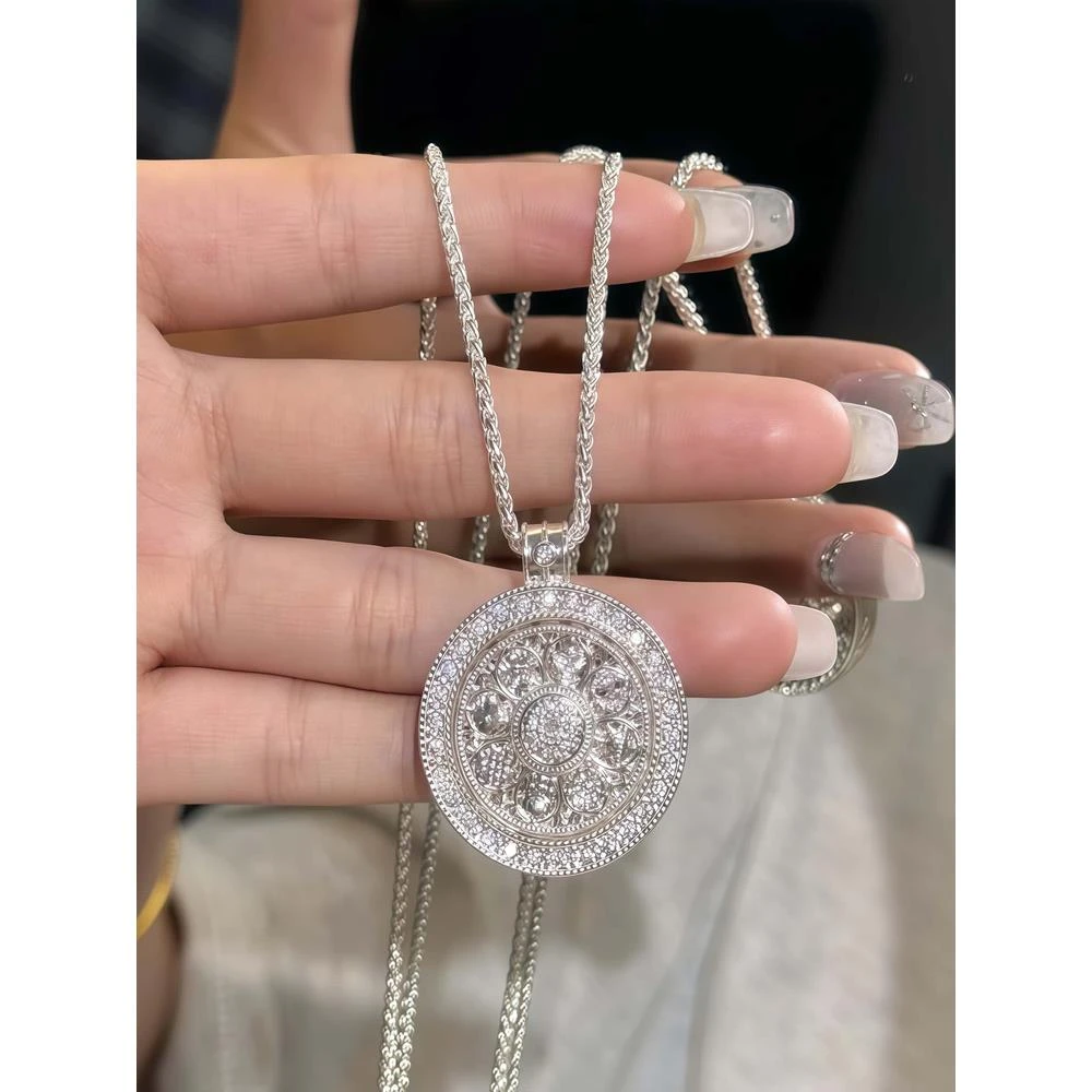 八宝罗盘银色镂空可转动项链圆形新中式风双面花纹雕花锁骨链坠链