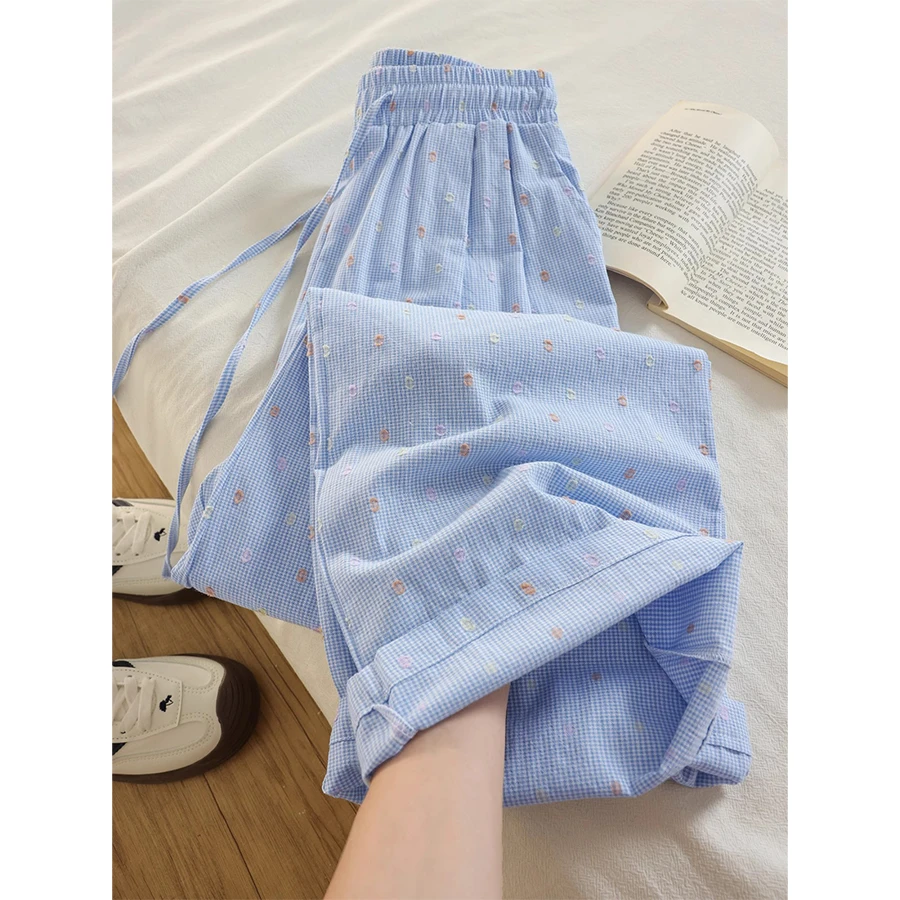 女童夏季阔腿裤2025新款中大童薄款裤子青少年高腰蓝色波点格子裤