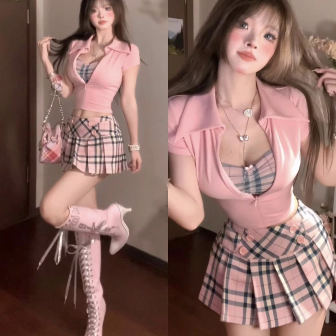 粉黑假两件T➕百褶半裙套装，实物以直播间为准