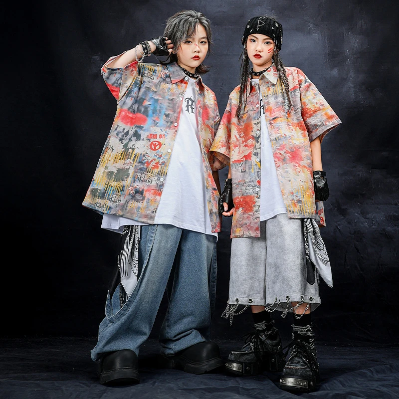 hiphop街舞童装嘻哈儿童潮服男童多彩衬衫演出服套装女童走秀潮装