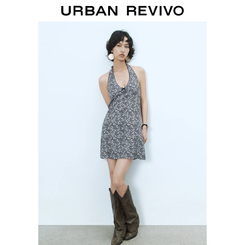 UR2025春季新款女碎花蝴蝶结挂脖系带超短款连衣裙UYL750018