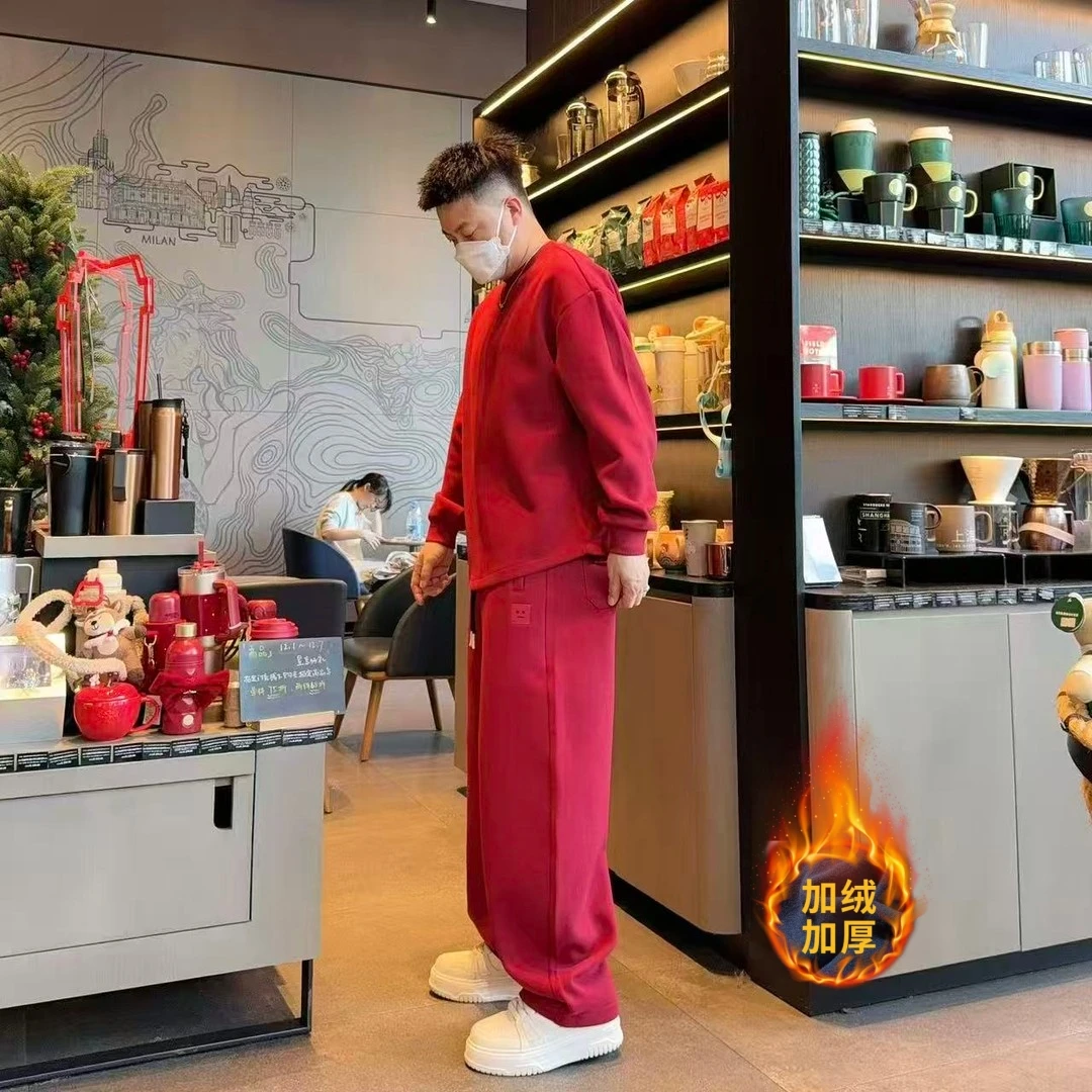 冬季加绒加厚圆领卫衣哈伦阔腿直筒裤两件套宽松百搭保暖休闲套装