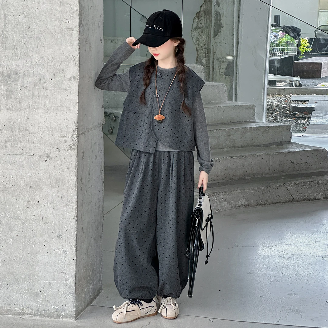 韩版儿童波点马甲套装2025秋装新款女童洋气时尚灯笼裤休闲三件套
