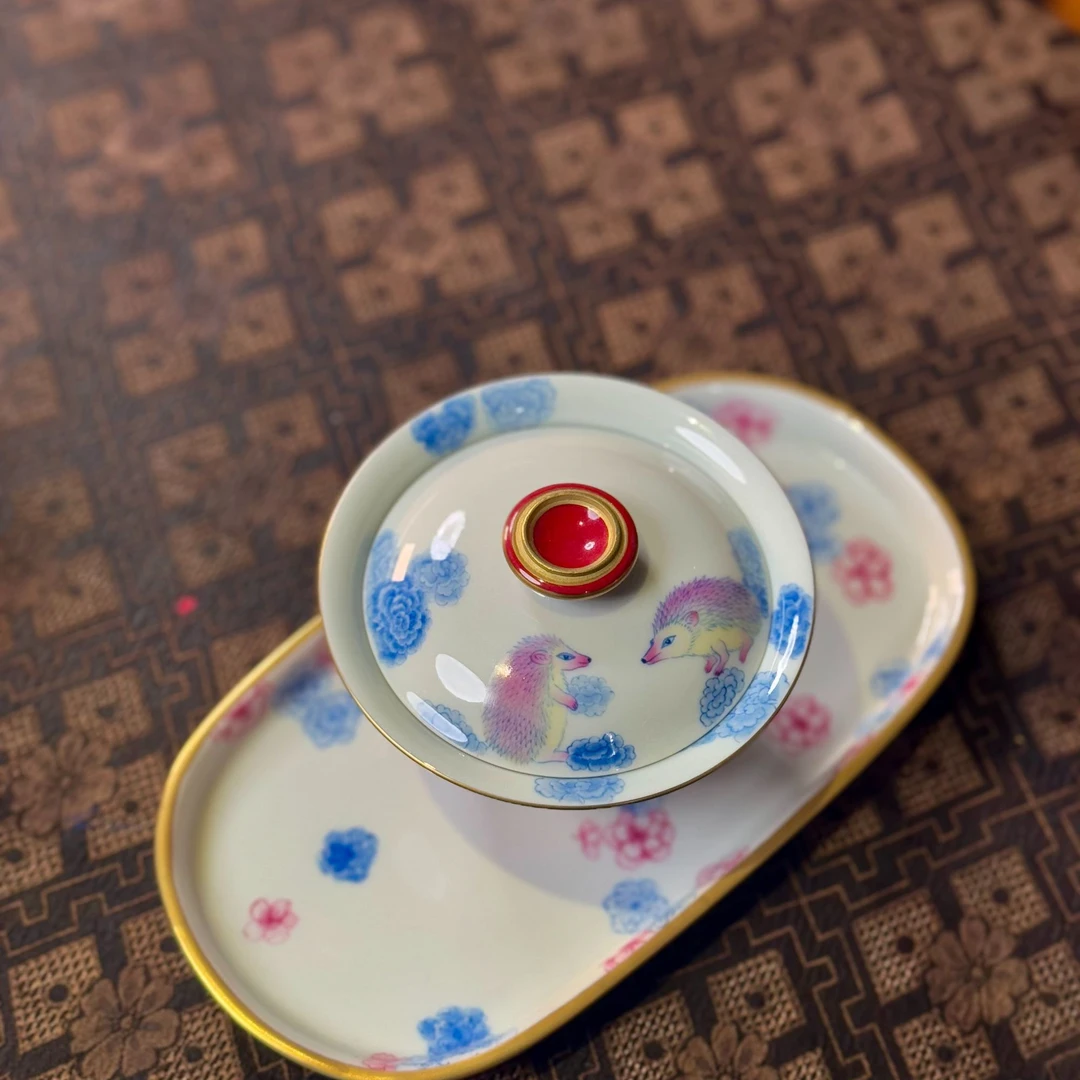 华隐堂   玫瑰红小刺猬盖碗   茶具中式茶道盖碗手工手绘银