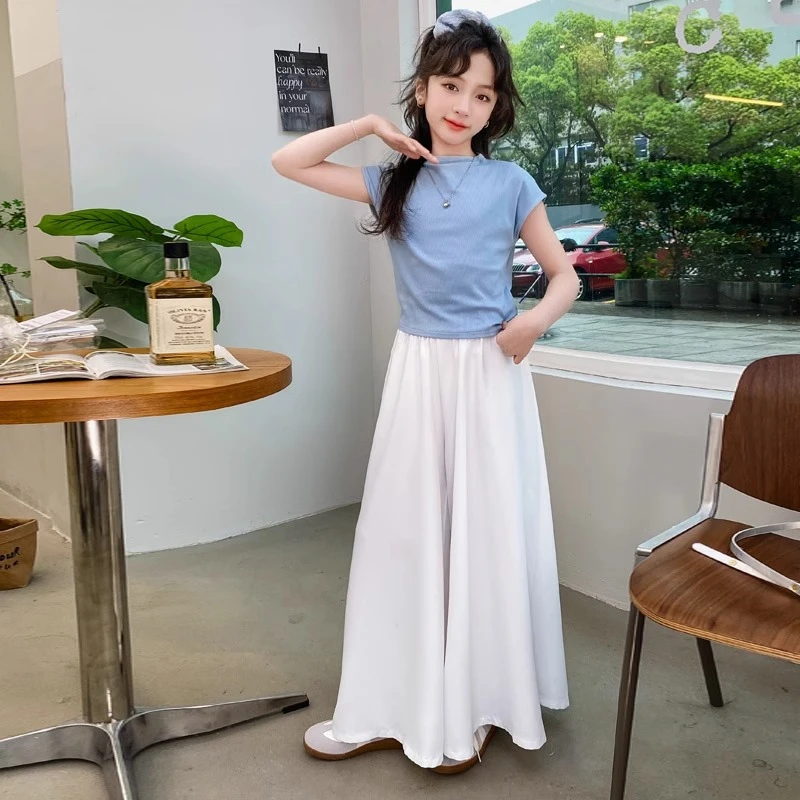 夏季薄款女大童阔腿裤两件套2025新款洋气小女孩紧身上衣裤裙套装