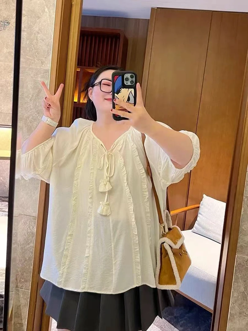 韩系宽松早秋文艺精致温柔甜美别致娃娃衫木耳边正肩短袖上衣2169