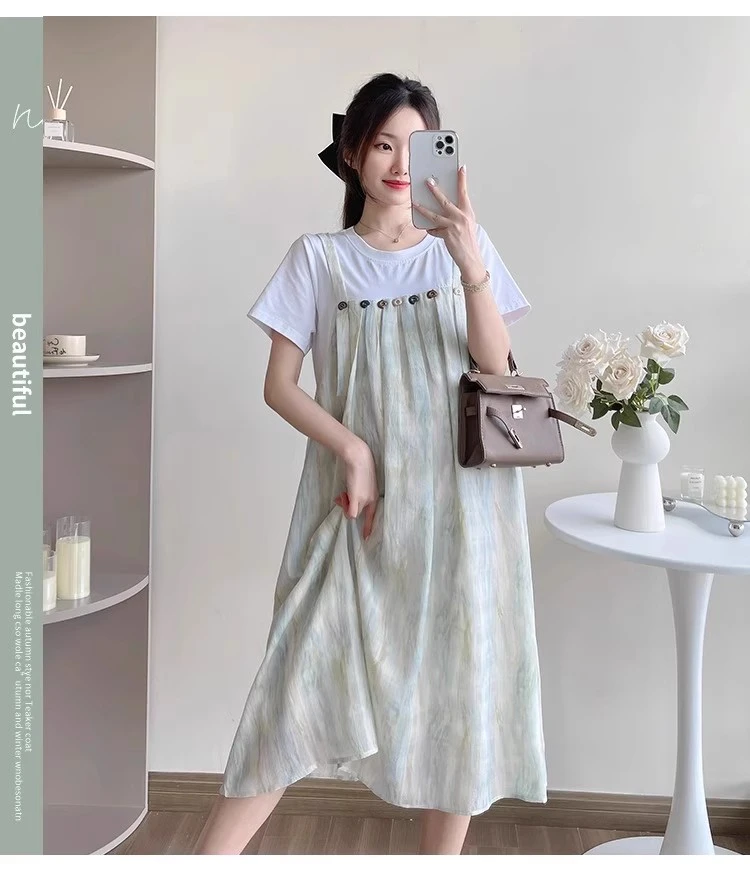 孕妇装夏天裙子中长款网红潮妈夏季薄款假两件宽松遮肚雪纺连衣裙