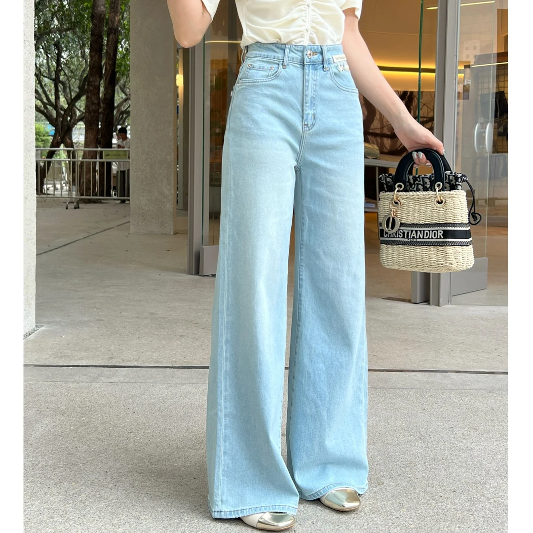 KIKI严选:30836-YER家欧货南油夏季贝壳吊坠筒喇裤轻奢蓝色牛仔裤