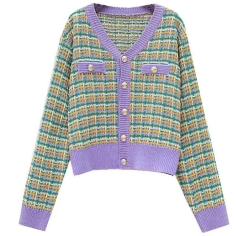 D9新款春秋小香风开衫毛衣女春韩版潮学生格子短款上衣针织外套