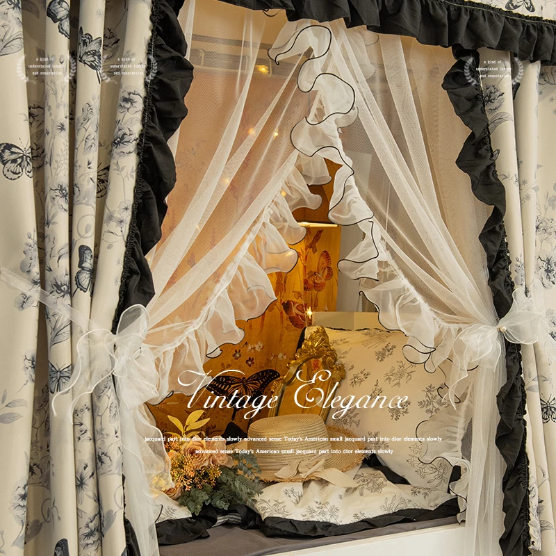 初贰 蝴蝶系列原创设计轻法式床帘遮光U型轨道上下铺学生寝室床幔