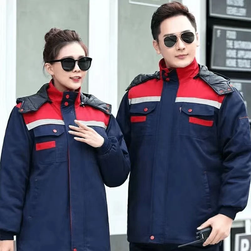 冬季劳保棉袄特厚耐磨防寒工作服反光条中长款耐脏带帽子加厚款