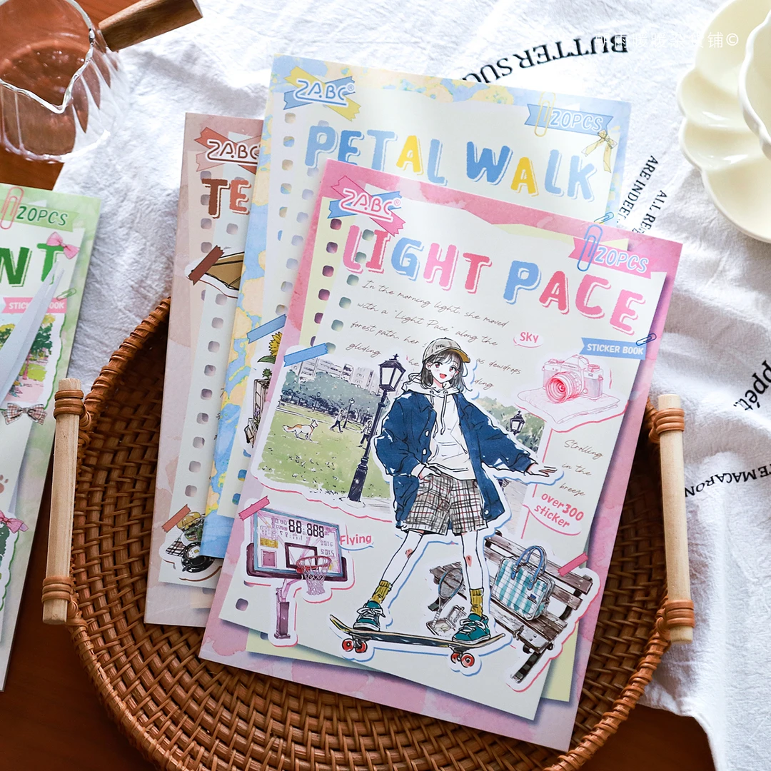 朝雨 元气女孩贴纸本ins风韩系少女人物插画造景拼贴手帐素材本