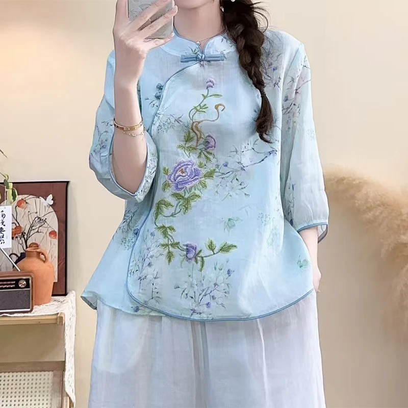 2025春夏新款苎麻小立领衬衣女文艺上衣衬衫