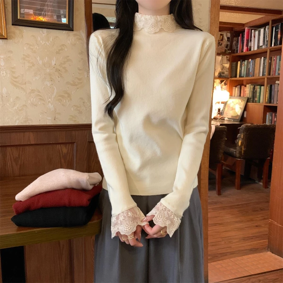 【现货】冬季新款时尚套头休闲风圆领蕾丝长袖设计感针织衫上衣女