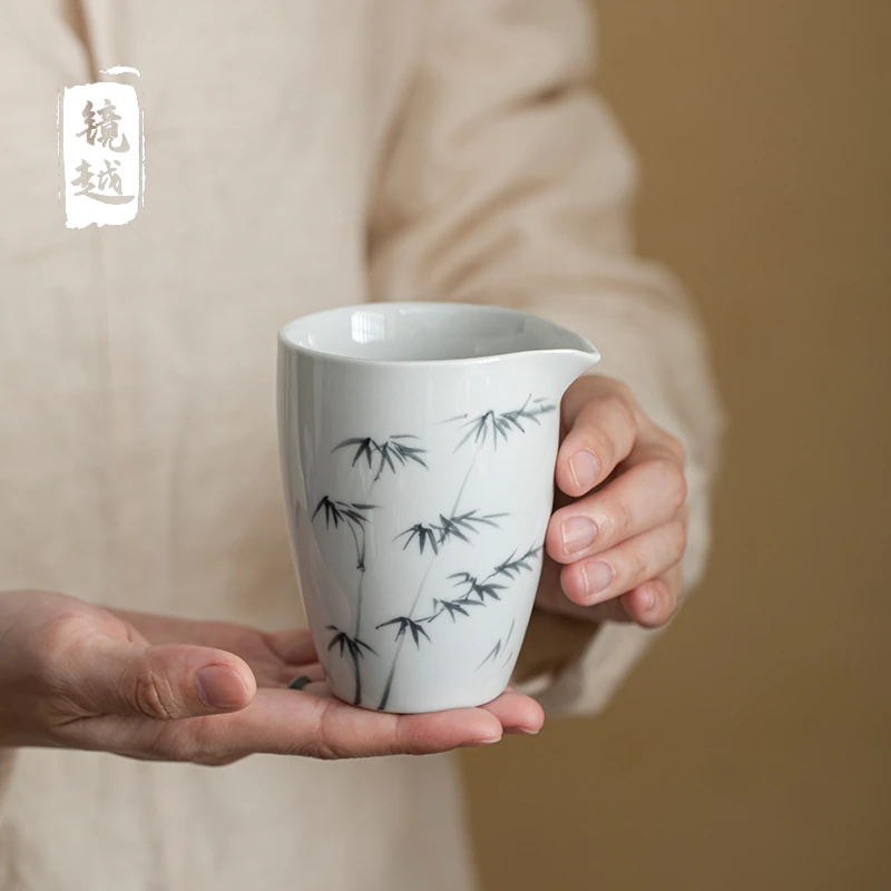 手绘竹子手抓公道杯陶瓷复古功夫茶道分茶器茶海公杯茶具配件