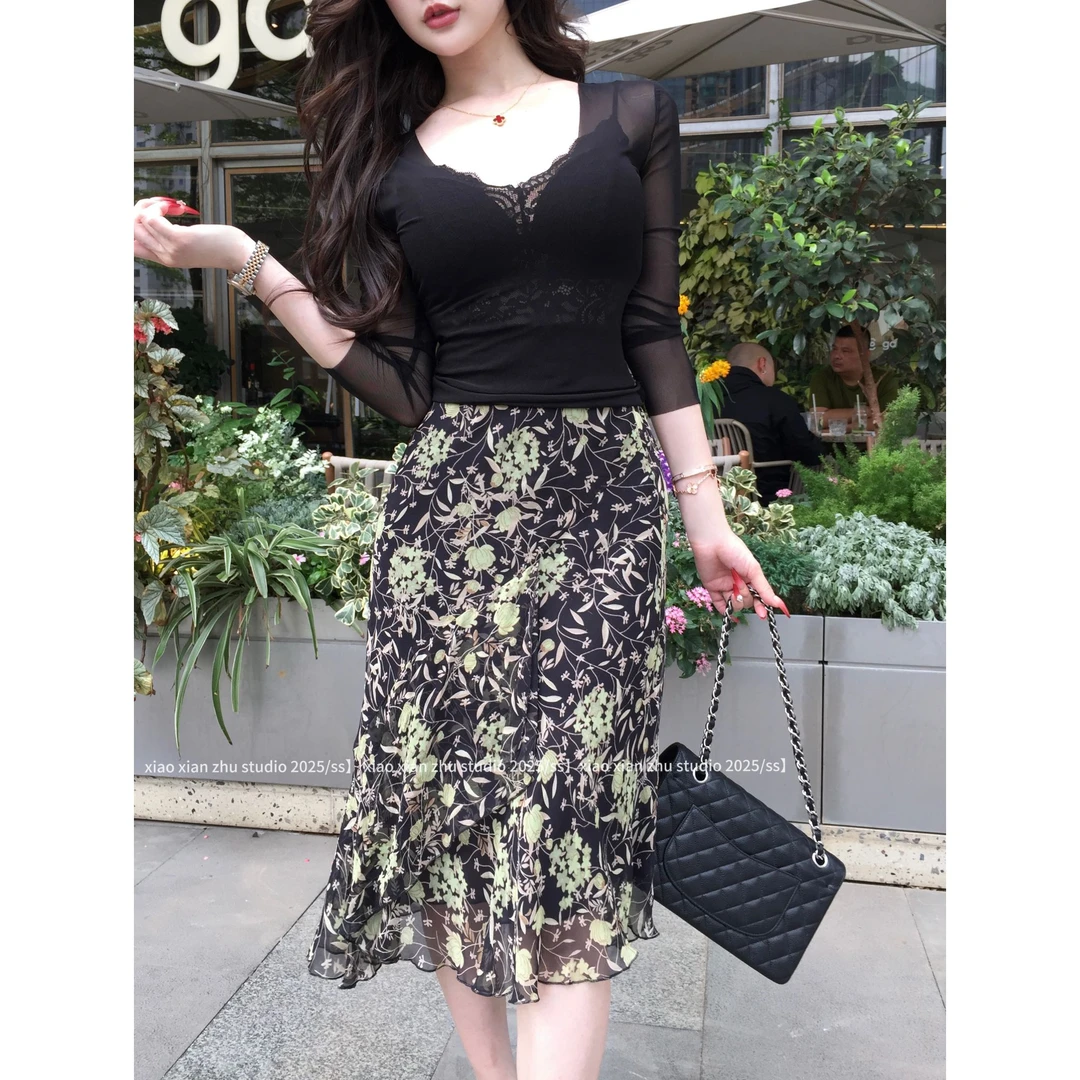 XXZHU原创【绿野漫絮】复古时髦斜裁不规则碎花半身裙ZZ-837