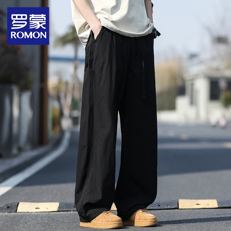 罗蒙松紧腰休闲裤男士宽松垂感直筒长裤男款夏季冰丝薄款速干裤子