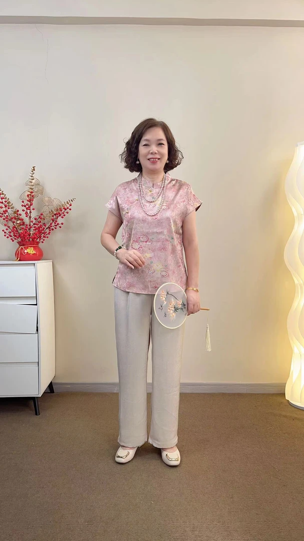 提花短袖系扣印染圆领立领休闲复古上衣