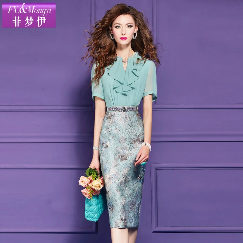 菲梦伊荷叶边衬衫连衣裙女夏季轻熟优雅假两件印花包臀裙63969