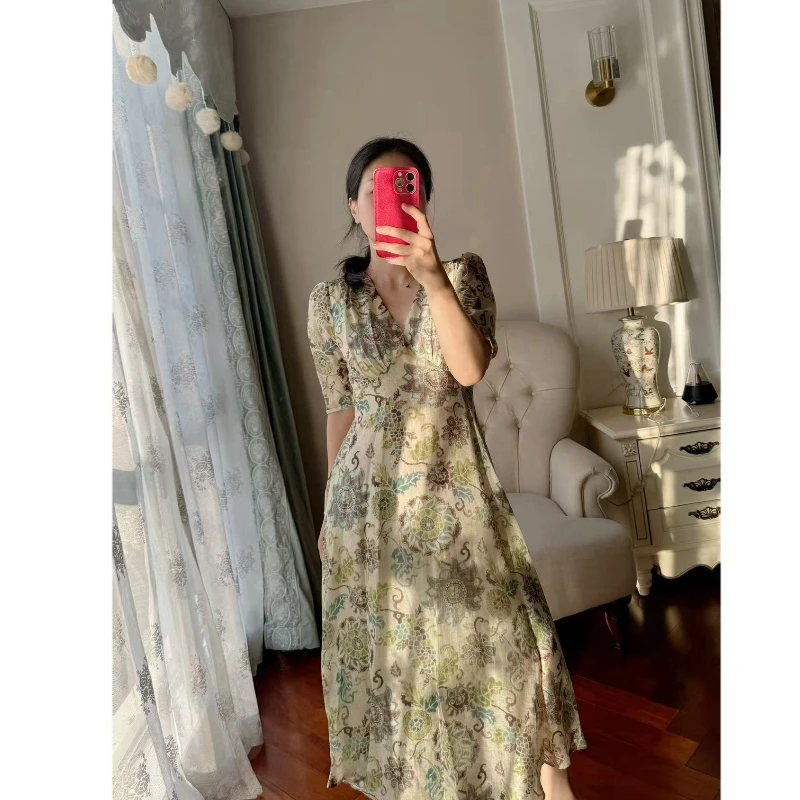 【若衣】法式法式复古碎花麻混纺设计感泡泡袖V领A摆连衣裙250347