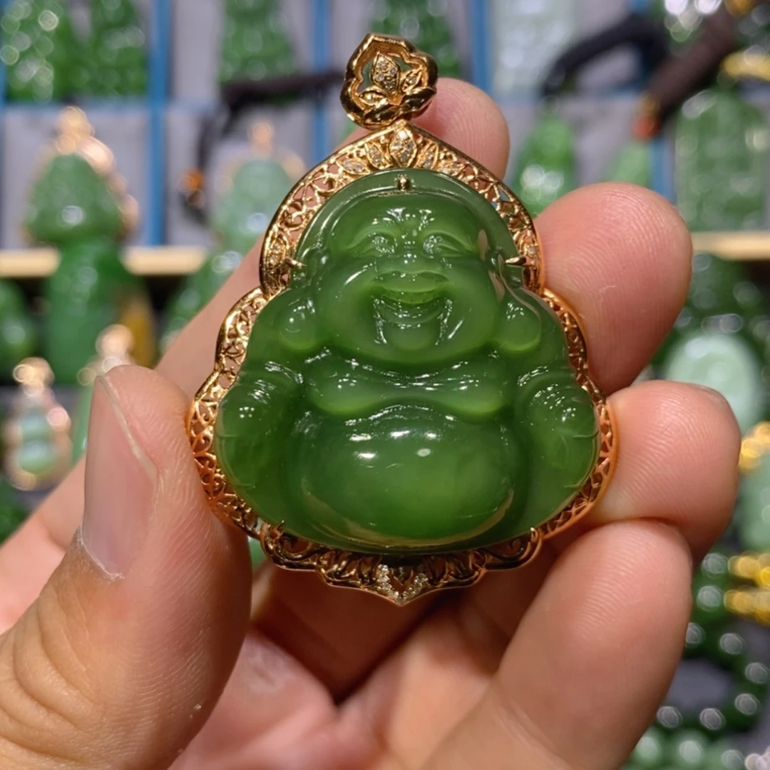 【闪购商品】和田玉吊坠(不含链)18K金镶嵌阳绿佛公 37/16