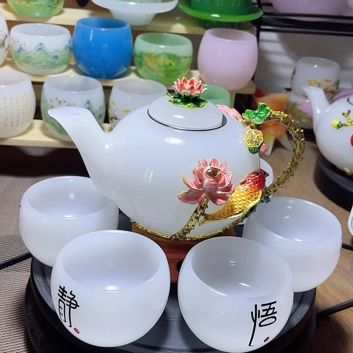 琉璃中式珐琅彩年年有余一壶六杯礼盒套装