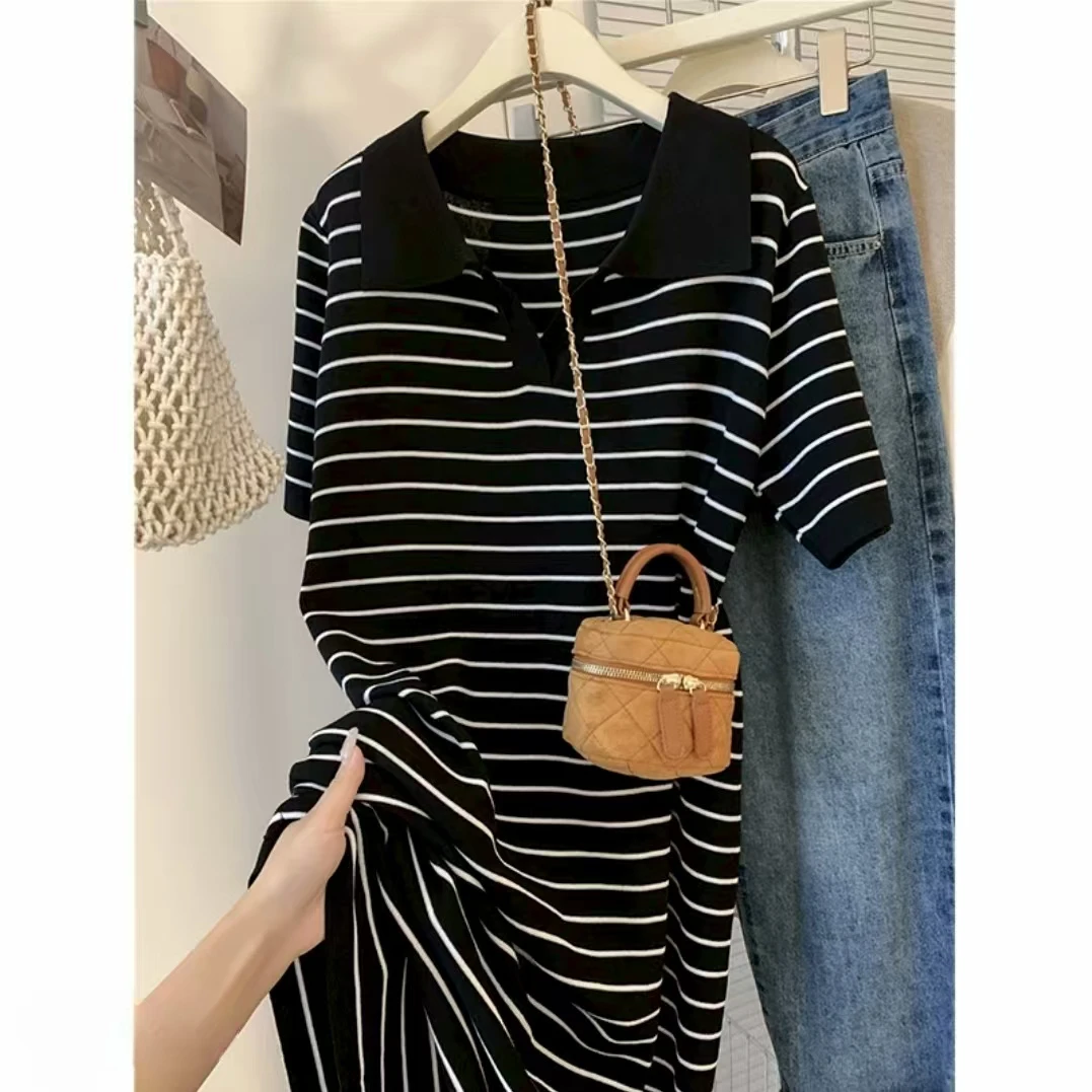 熙兰雅 夏季短袖针织条纹polo衫连衣裙中长款t恤裙 v1112 J05168