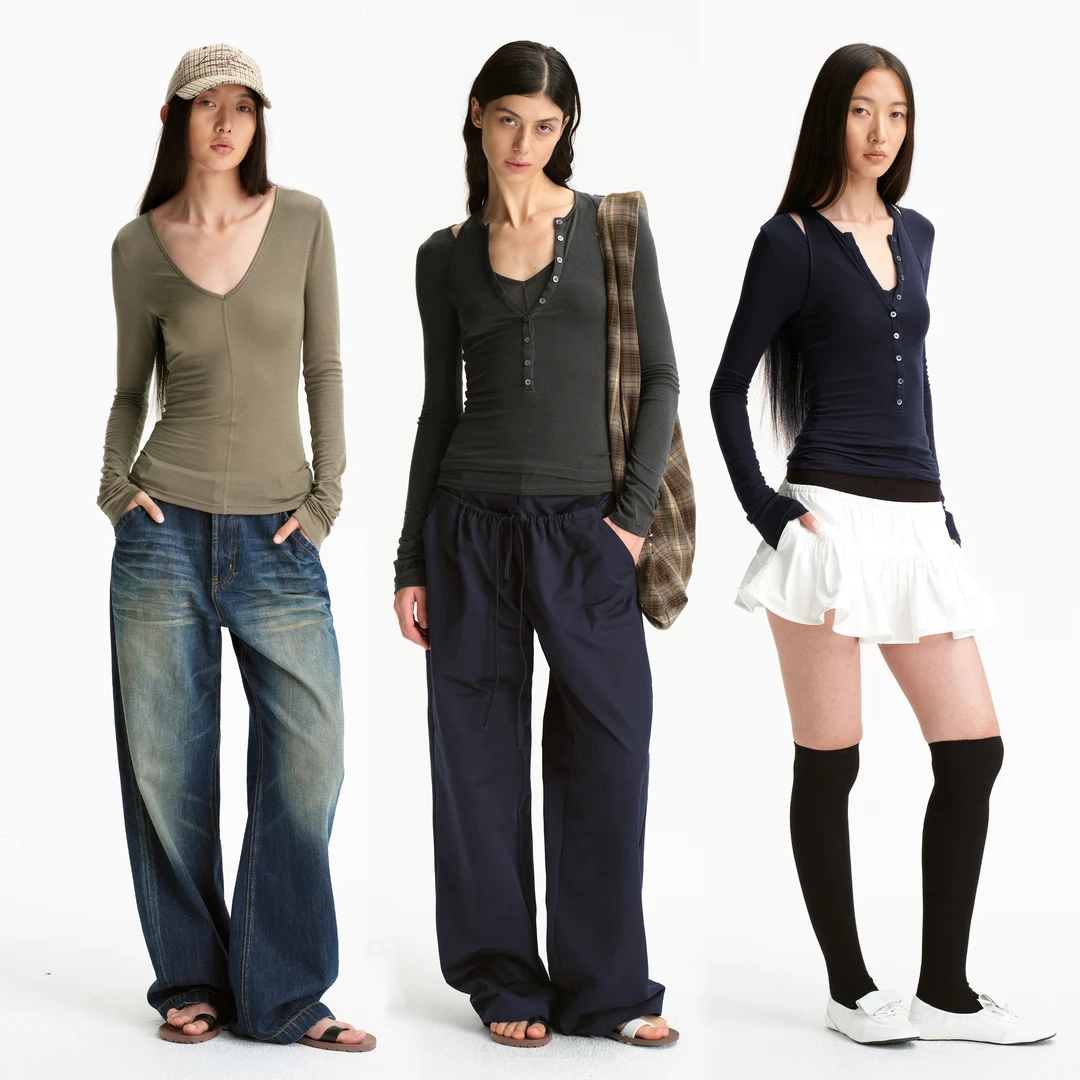 SMIIILE真两件高弹修身绵羊毛天丝长袖上衣