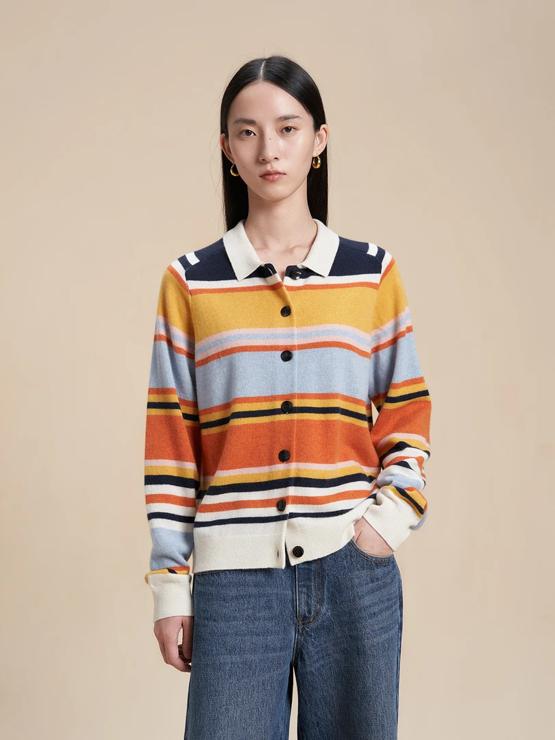 WHM 羊绒羊毛彩条翻领开衫