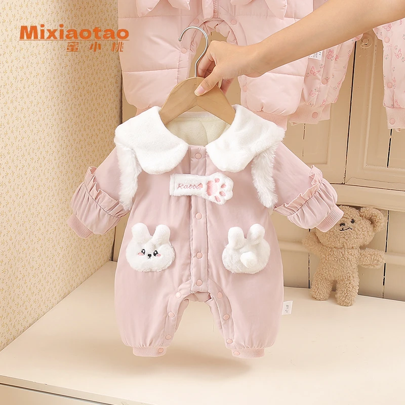 冬款小白兔婴儿冬款加绒连体衣棉服冬装女宝宝哈衣外出服