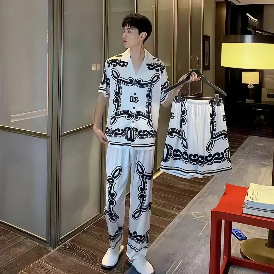 高端冰丝欧美风潮牌男款夏季三件套大牌睡衣YS家居服