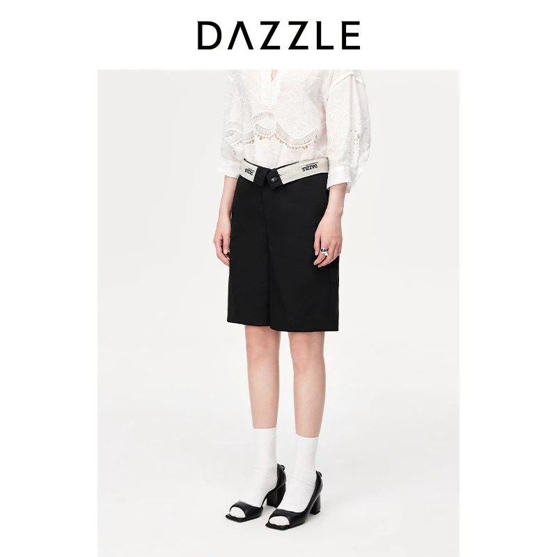 DAZZLE地素奥莱休闲短裤纯色通勤翻腰头设计西裤女2H2Q129