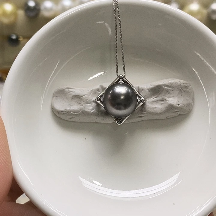 银S925镶嵌海水珍珠吊坠(不含链)铂金灰10-11mm