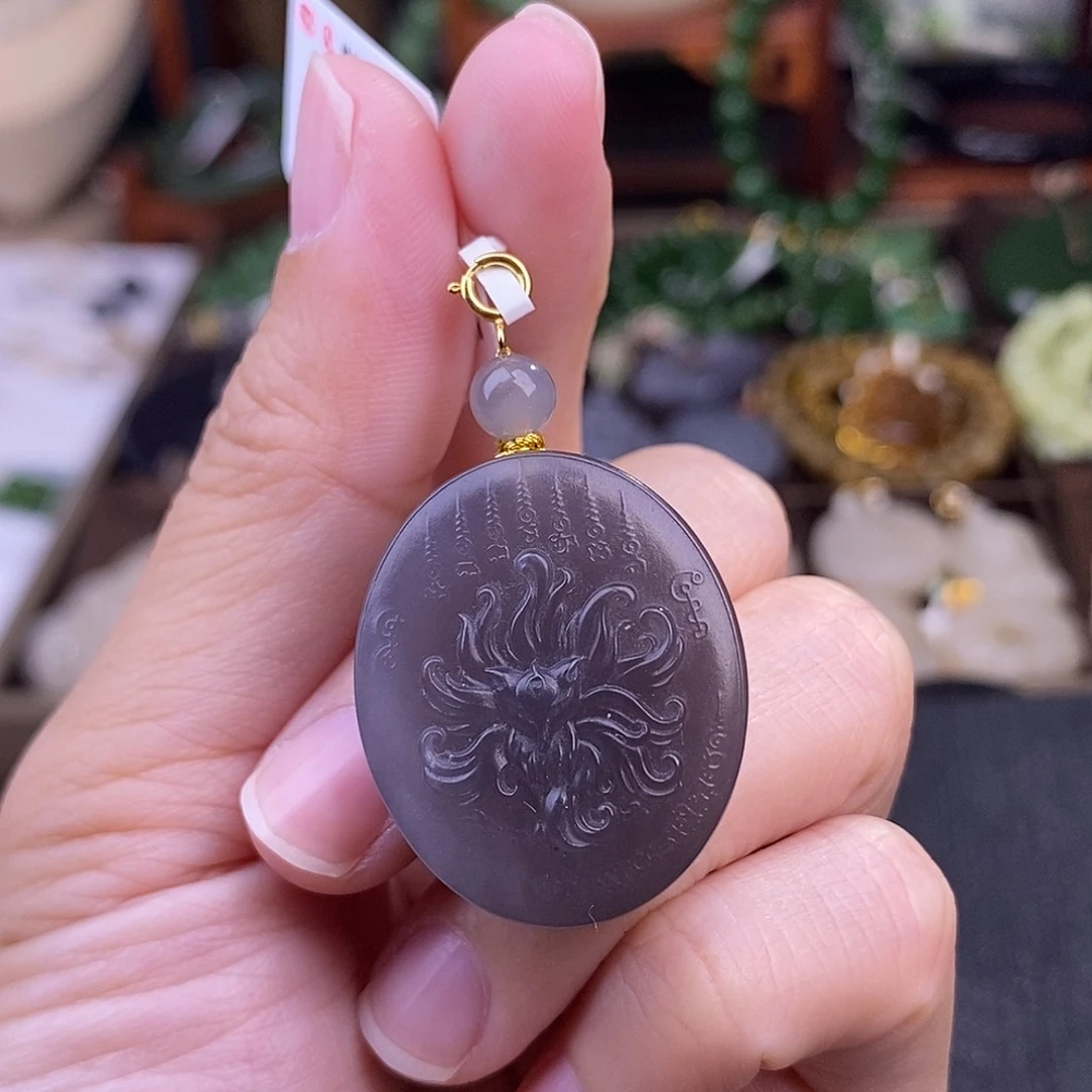 和田玉烟紫老料清货脂膏级18.K金凤九牌未镶嵌